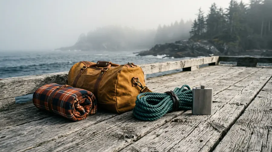 Flannel, duffel and flask on a dock at first light